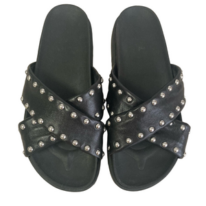 Black Leather Studded Slide Sandals